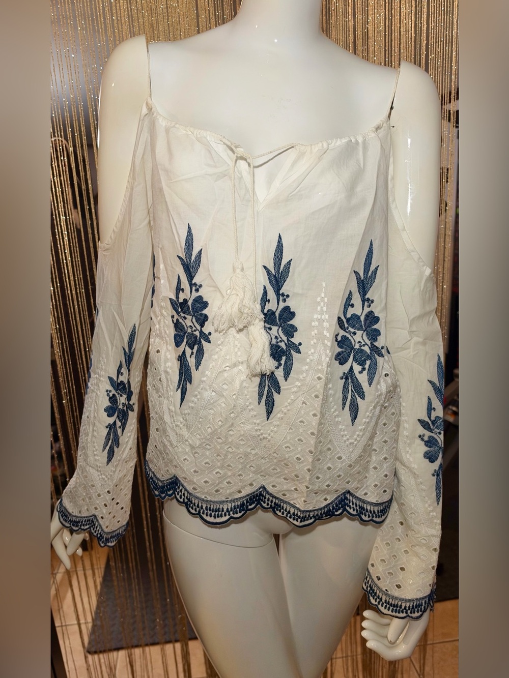 Boho Embroidered Cold-Shoulder Peasant Top - white with Blue Embroidery